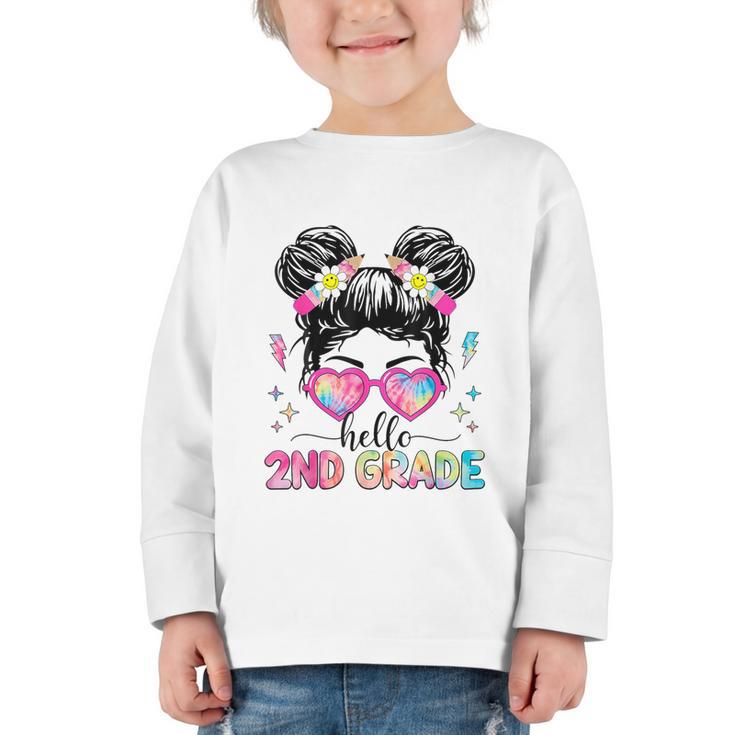 Hello 2nd Grade Messy Bun Back To School First Day Girl Kids Graphic Toddler Long Sleeve Tee