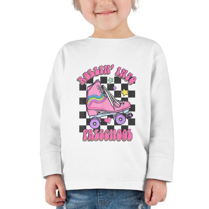 Kids Back To School Skating Rollin Into Preschool Graphic Toddler Long Sleeve Tee