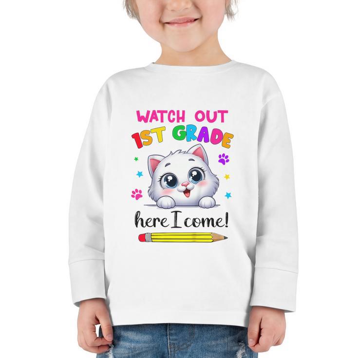Kids Watch Out 1st Grade Here I Come Girls Cat Back To School Graphic Toddler Long Sleeve Tee