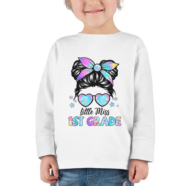Little Miss 1st Grade Messy Bun Back To School Girls Kids Graphic Toddler Long Sleeve Tee