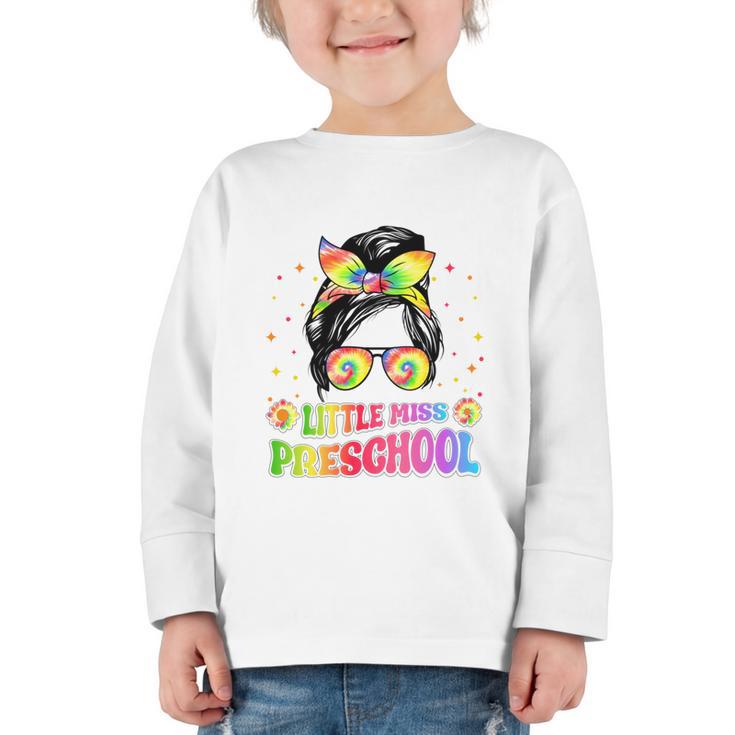 Little Miss Preschool Messy Bun Tie Dye Back To School Girls Graphic Toddler Long Sleeve Tee