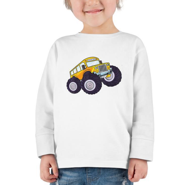 Monster Truck School Bus Yellow Back To School Kids Toddler Graphic Toddler Long Sleeve Tee
