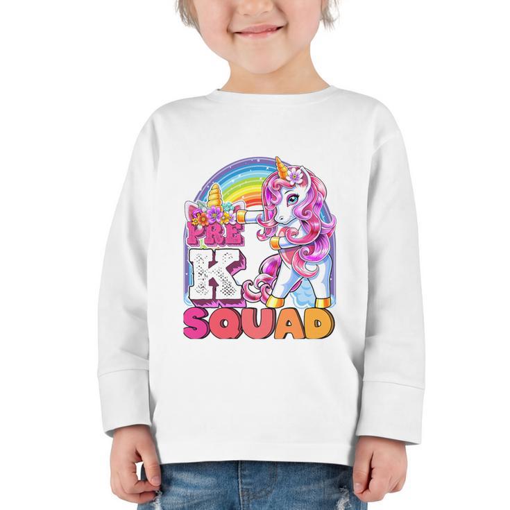 Pre-K Squad Flossing Unicorn Back To School Girls Premium Tri-Blend Graphic Toddler Long Sleeve Tee