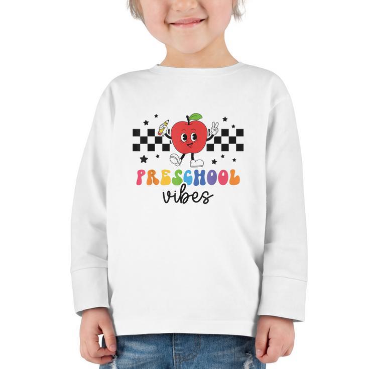 Preschool Vibes Retro Groovy Apple Back To School Graphic Toddler Long Sleeve Tee