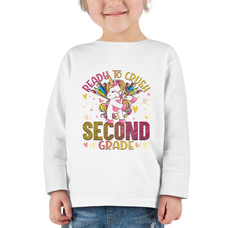 Ready To Crush Second 2nd Grade Back To School Unicorn Kids Performance Graphic Toddler Long Sleeve Tee
