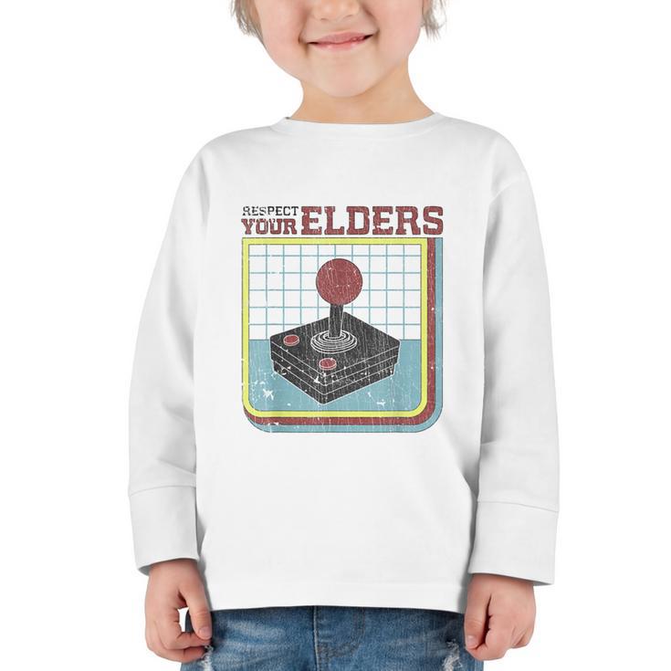 Respect Your Elders Retro Gamer Joystick Back To School Graphic Toddler Long Sleeve Tee