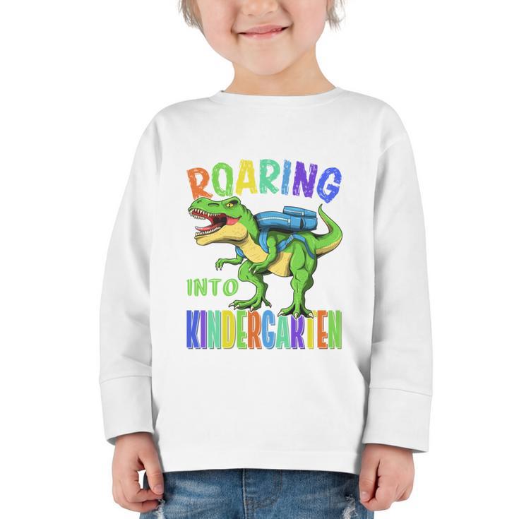 Roaring Into Kindergarten Dinosaur T Rex Back To School Boys Performance Graphic Toddler Long Sleeve Tee