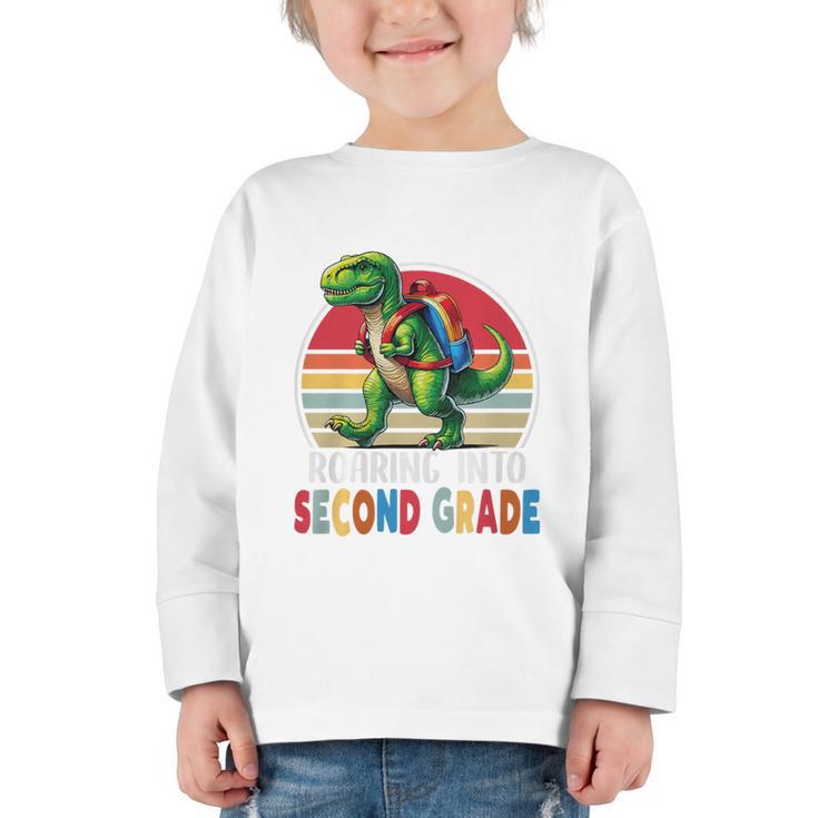 Roaring Into Second Grade T-Rex Back To School 2nd Grade Premium Tri-Blend Graphic Toddler Long Sleeve Tee