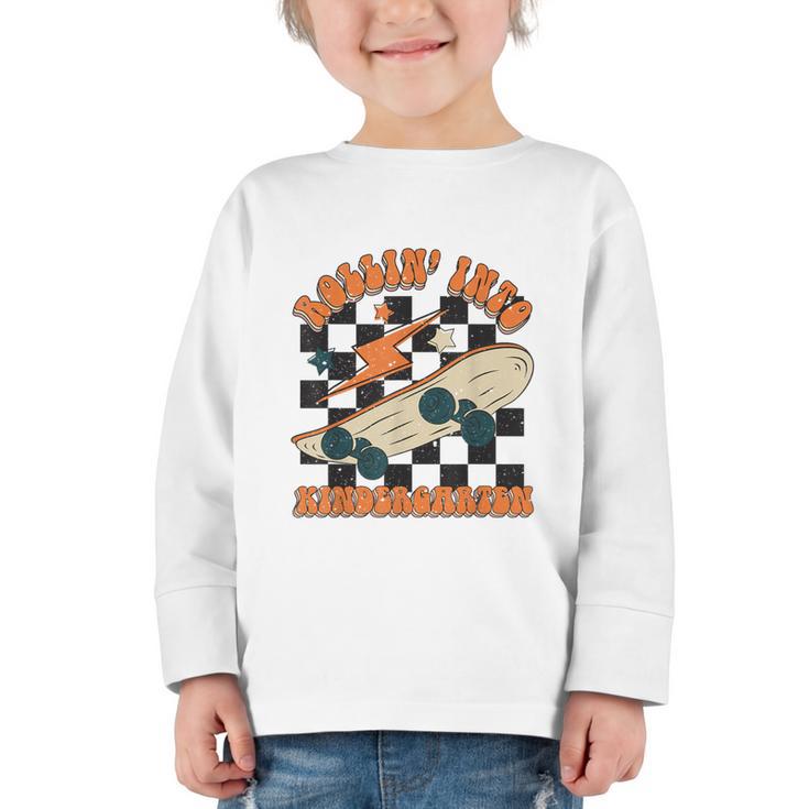 Rolling Into Kindergarten Retro Groovy Back To School Kids Graphic Toddler Long Sleeve Tee