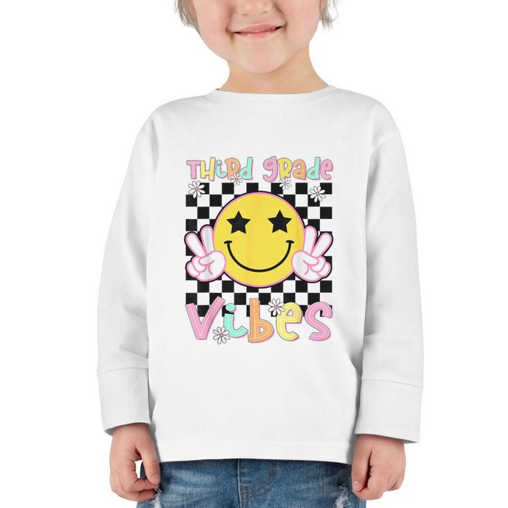 Third Grade Vibes Groovy Smile Face Back To School Girl Kid Graphic Toddler Long Sleeve Tee