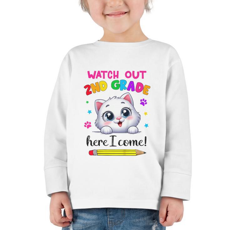 Watch Out 2nd Grade Here I Come Girls Cat Back To School Graphic Toddler Long Sleeve Tee