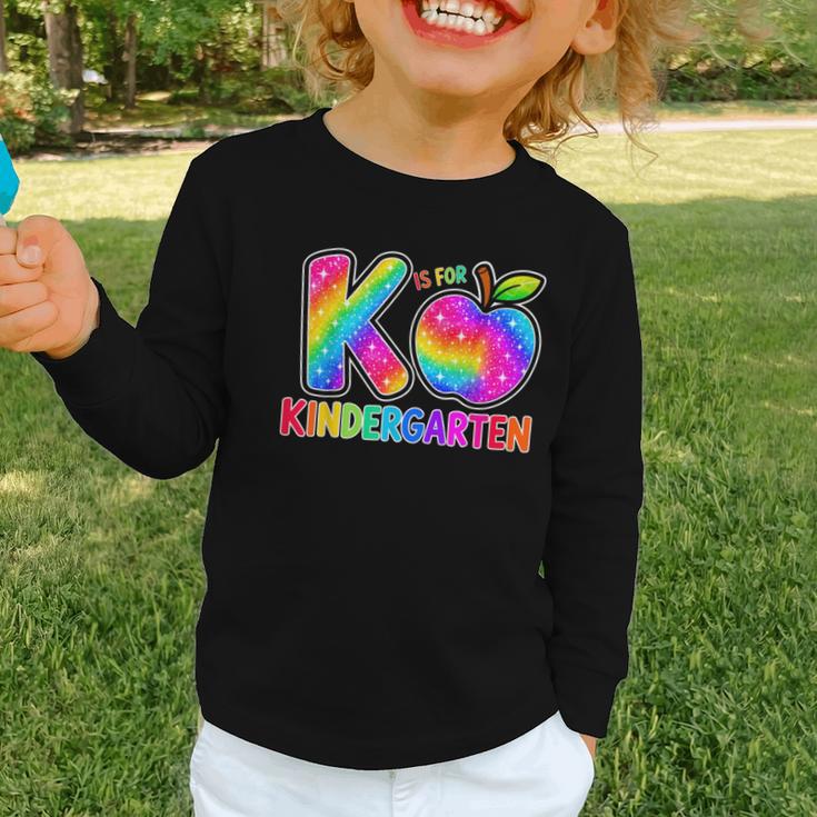Back To School F Is For Kindergarten Rainbow Apple Kid Graphic Toddler Long Sleeve Tee