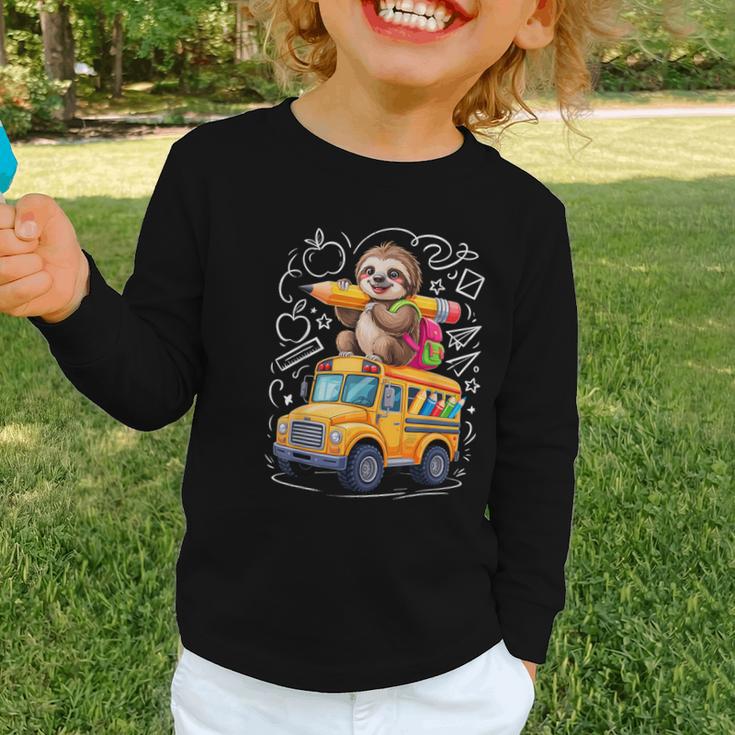 Back To School Sloth School Bus 100 Days Of School Graphic Toddler Long Sleeve Tee