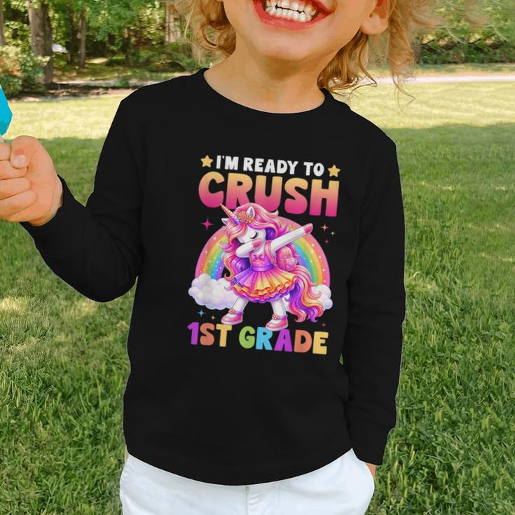 Back To School Unicorn Girls I'm Ready To Crush 1st Grade Graphic Toddler Long Sleeve Tee Back To School Unicorn Girls I'm Ready To Crush 1st Grade Graphic Toddler Long Sleeve Tee