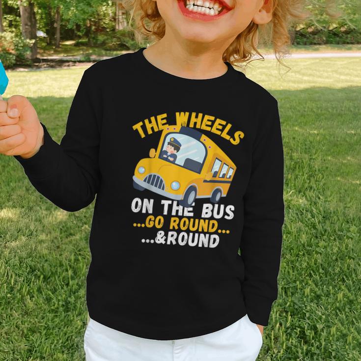 Back To School The Wheels On The Bus Go Round And Round Kids Graphic Toddler Long Sleeve Tee
