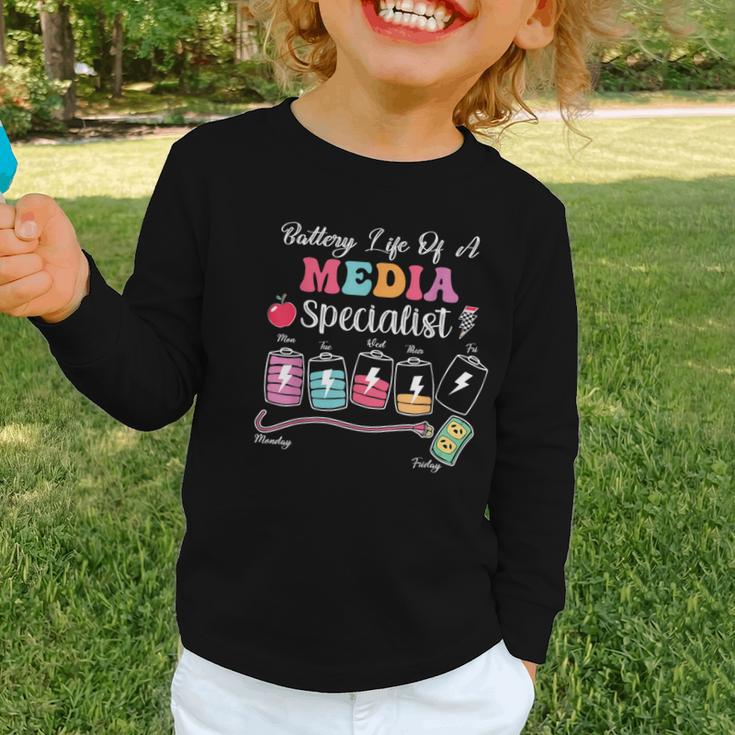 Battery Life Of A Media Specialist Back To School Graphic Toddler Long Sleeve Tee Battery Life Of A Media Specialist Back To School Graphic Toddler Long Sleeve Tee