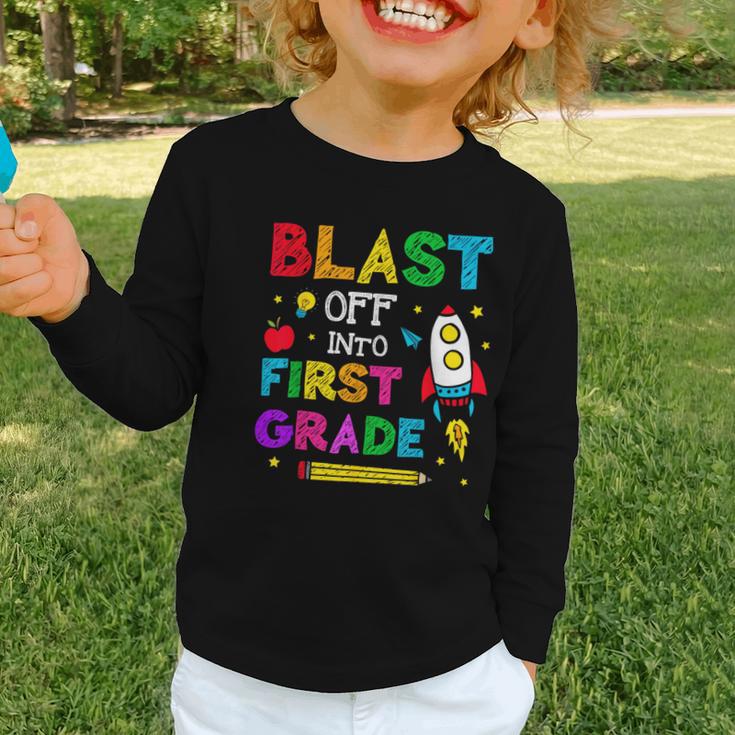 Blast Off Into First Grade Squad First Day Back To School Graphic Toddler Long Sleeve Tee Blast Off Into First Grade Squad First Day Back To School Graphic Toddler Long Sleeve Tee