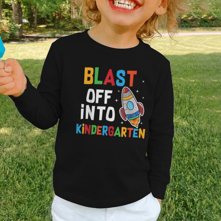 Blast Off Into Kindergarten Back To School Rocket Graphic Toddler Long Sleeve Tee Blast Off Into Kindergarten Back To School Rocket Graphic Toddler Long Sleeve Tee
