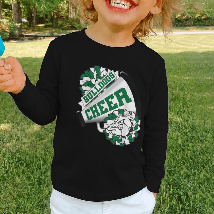 Bulldogs Cheerleading Back To School Cheer Team Spirit Green Graphic Toddler Long Sleeve Tee Bulldogs Cheerleading Back To School Cheer Team Spirit Green Graphic Toddler Long Sleeve Tee