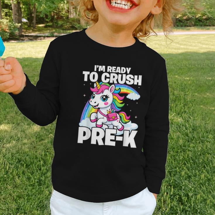 Crush Pre-K Girls Back To School Unicorn First Day Preschool Graphic Toddler Long Sleeve Tee