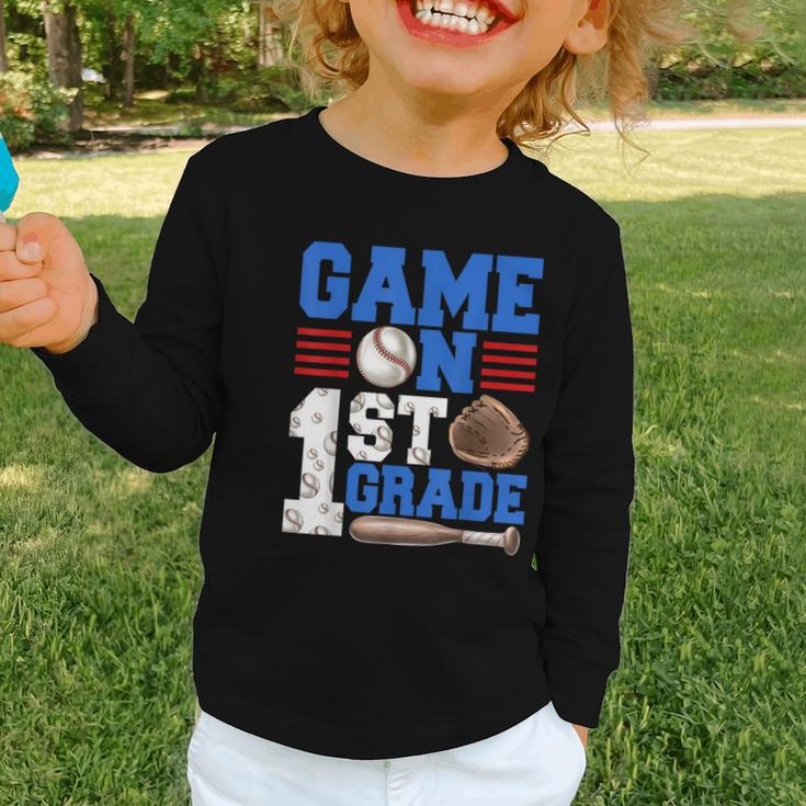 Game On First Grade Boy Baseball Back To School Graphic Toddler Long Sleeve Tee