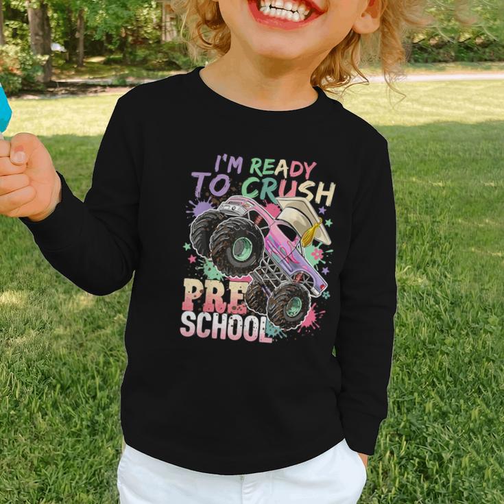 Girls Monster Trucks Ready To Crush Preschool Back To School Graphic Toddler Long Sleeve Tee