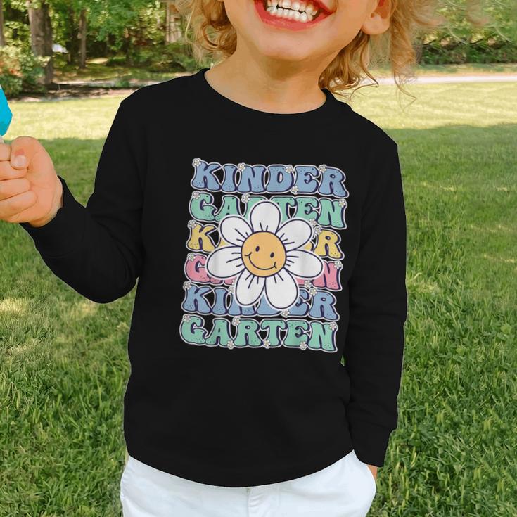 Groovy Kindergarten Back To School First Day Of Kindergarten Graphic Toddler Long Sleeve Tee Groovy Kindergarten Back To School First Day Of Kindergarten Graphic Toddler Long Sleeve Tee