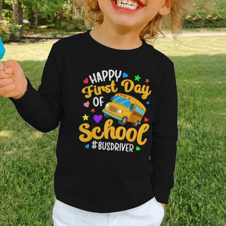 Happy First Day Of School Bus Driver Back To School Graphic Toddler Long Sleeve Tee Happy First Day Of School Bus Driver Back To School Graphic Toddler Long Sleeve Tee