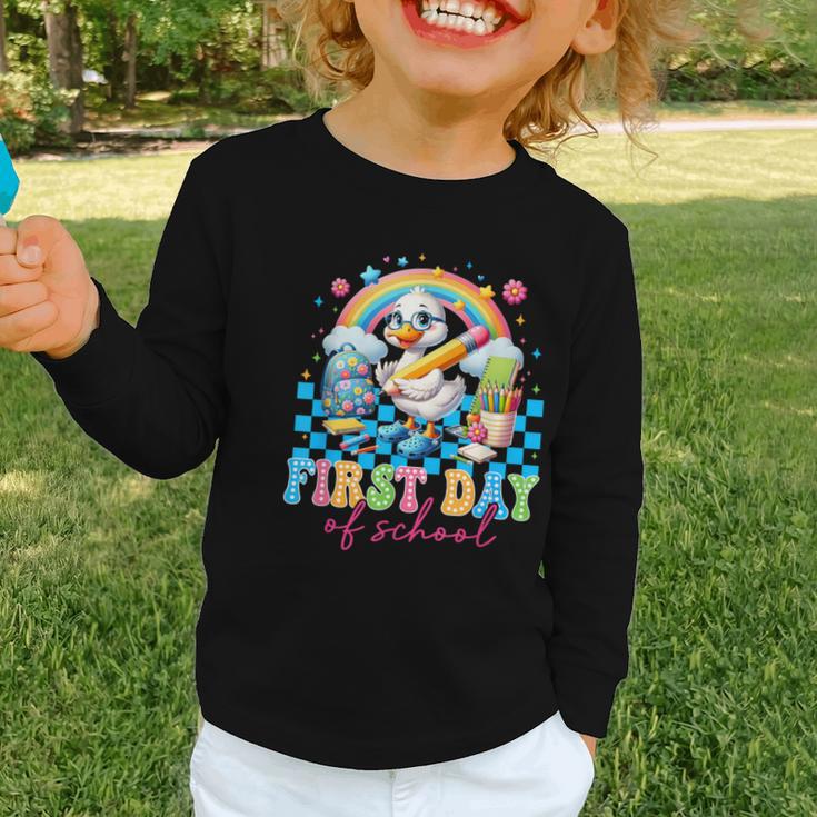 Happy First Day Of School Goose Cute Duck Back To School Graphic Toddler Long Sleeve Tee