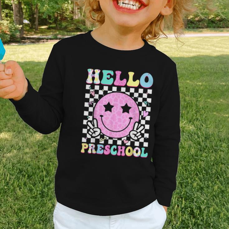 Hello Preschool Groovy Back To School Pre-K Team Girls Kids Graphic Toddler Long Sleeve Tee Hello Preschool Groovy Back To School Pre-K Team Girls Kids Graphic Toddler Long Sleeve Tee