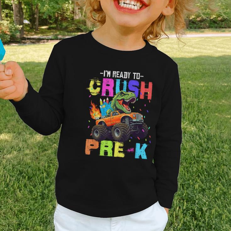 I'm Ready To Crush Pre-k Dinosaur Truck Back To School Boys Graphic Toddler Long Sleeve Tee I'm Ready To Crush Pre-k Dinosaur Truck Back To School Boys Graphic Toddler Long Sleeve Tee