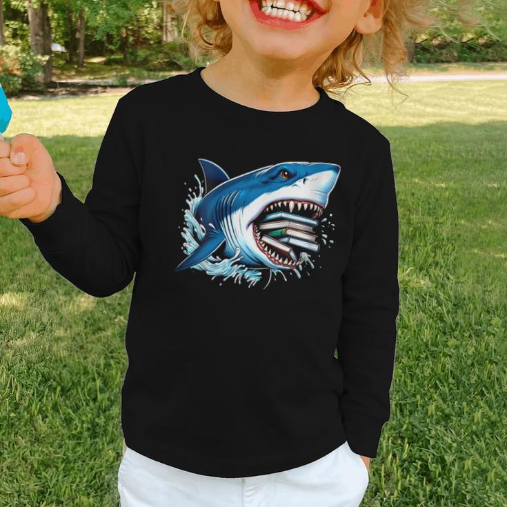 Kids Shark With School Books Back To School Shark Lovers Graphic Toddler Long Sleeve Tee Kids Shark With School Books Back To School Shark Lovers Graphic Toddler Long Sleeve Tee