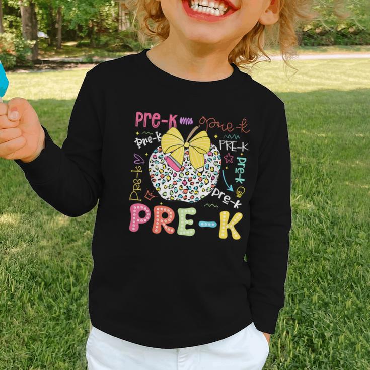 Pre-K Typography First Day Back To School Leopard Apple Graphic Toddler Long Sleeve Tee