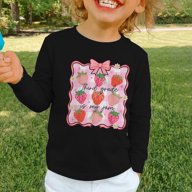 Preppy Back To School 3rd Grade Is My Jam Strawberry Bow Graphic Toddler Long Sleeve Tee