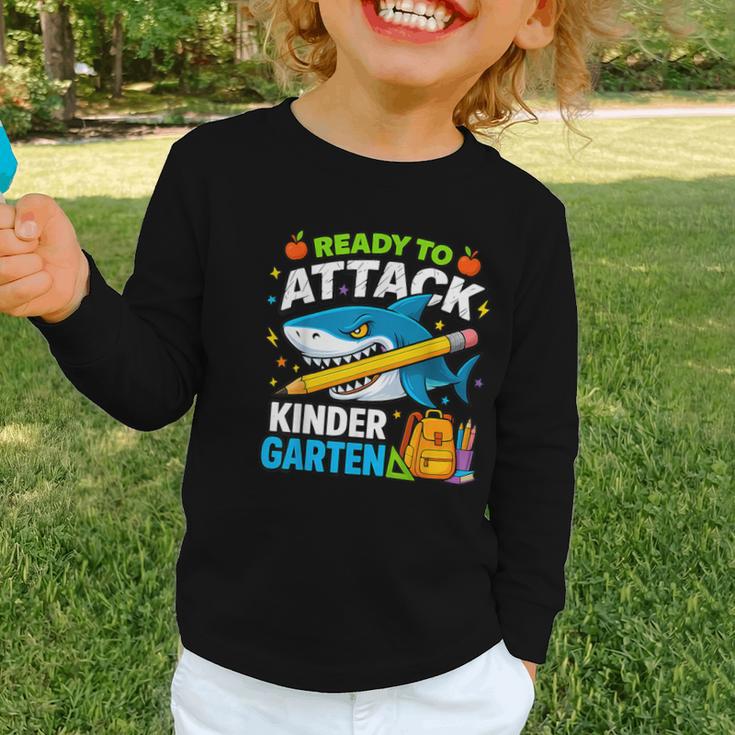 Ready To Attack Kindergarten Shark Back To School Kids Graphic Toddler Long Sleeve Tee Ready To Attack Kindergarten Shark Back To School Kids Graphic Toddler Long Sleeve Tee