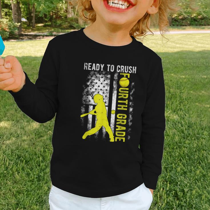 Ready To Crush Fourth Grade Softball USA Flag Back To School Graphic Toddler Long Sleeve Tee