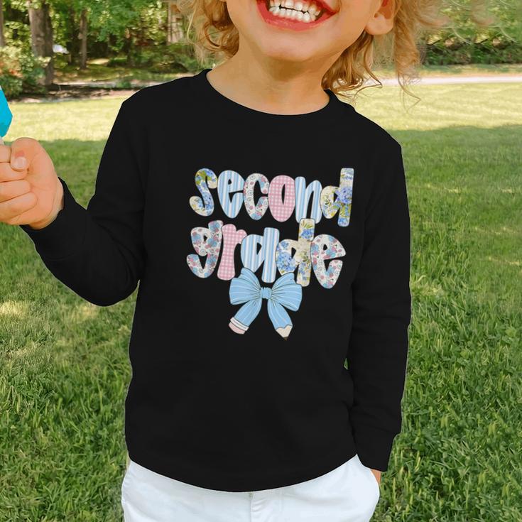 Second Grade Coquette Bow Pencil First Day Back To School Graphic Toddler Long Sleeve Tee
