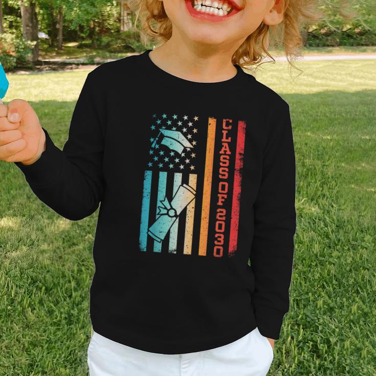 Vintage Class Of 2030 Graduation Back To School USA Flag Graphic Toddler Long Sleeve Tee Vintage Class Of 2030 Graduation Back To School USA Flag Graphic Toddler Long Sleeve Tee
