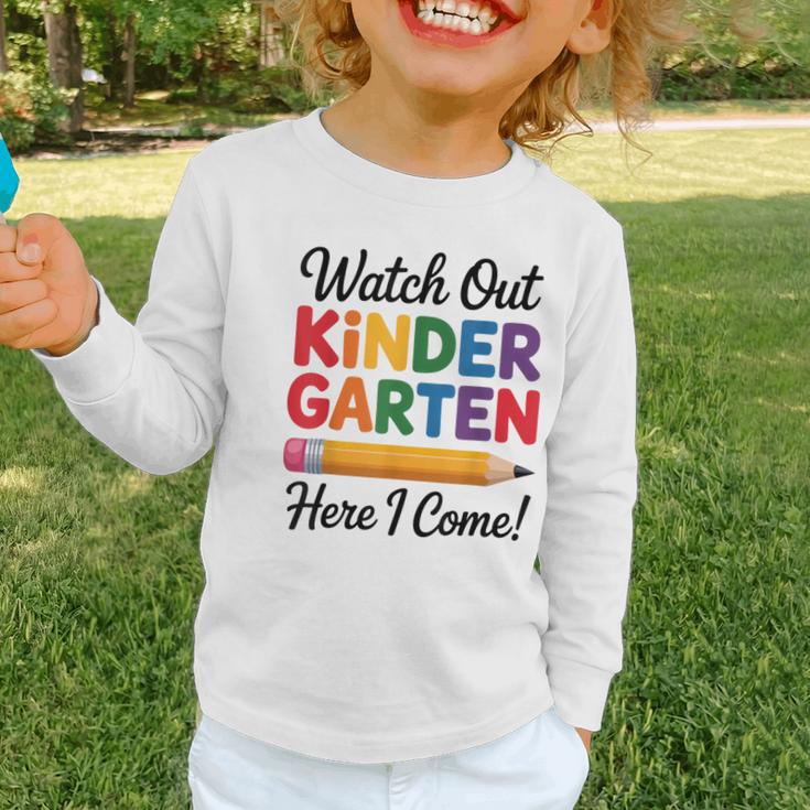 Back To School Watch Out Kindergarten Here I Come Kids Graphic Toddler Long Sleeve Tee Back To School Watch Out Kindergarten Here I Come Kids Graphic Toddler Long Sleeve Tee