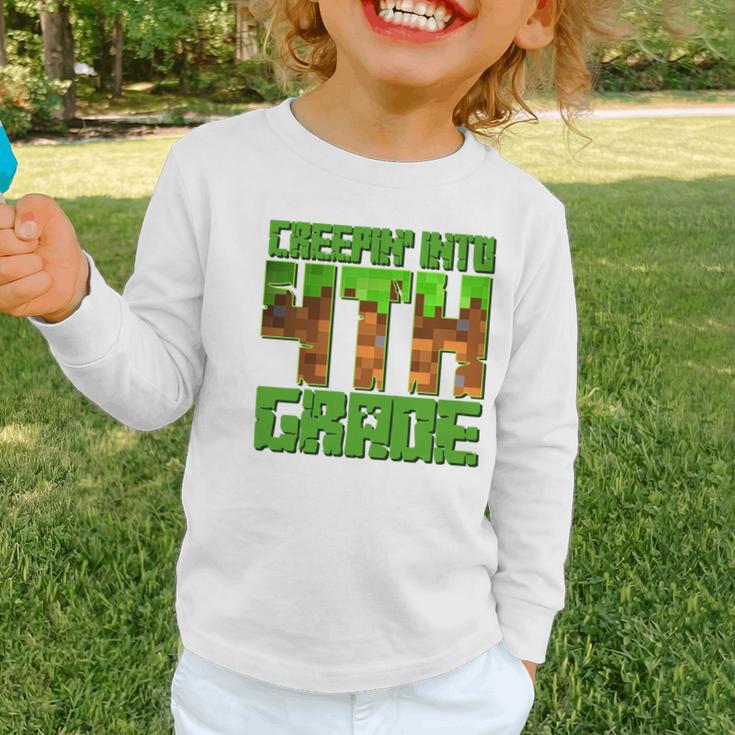 Creepin’ Into 4th Grade Kids Boy Gamer Pixel Back To School Performance Graphic Toddler Long Sleeve Tee