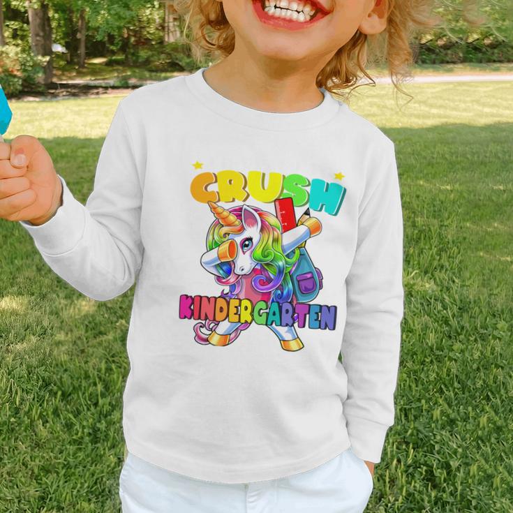 Crush Kindergarten Dabbing Unicorn Back To School Girls Performance Graphic Toddler Long Sleeve Tee