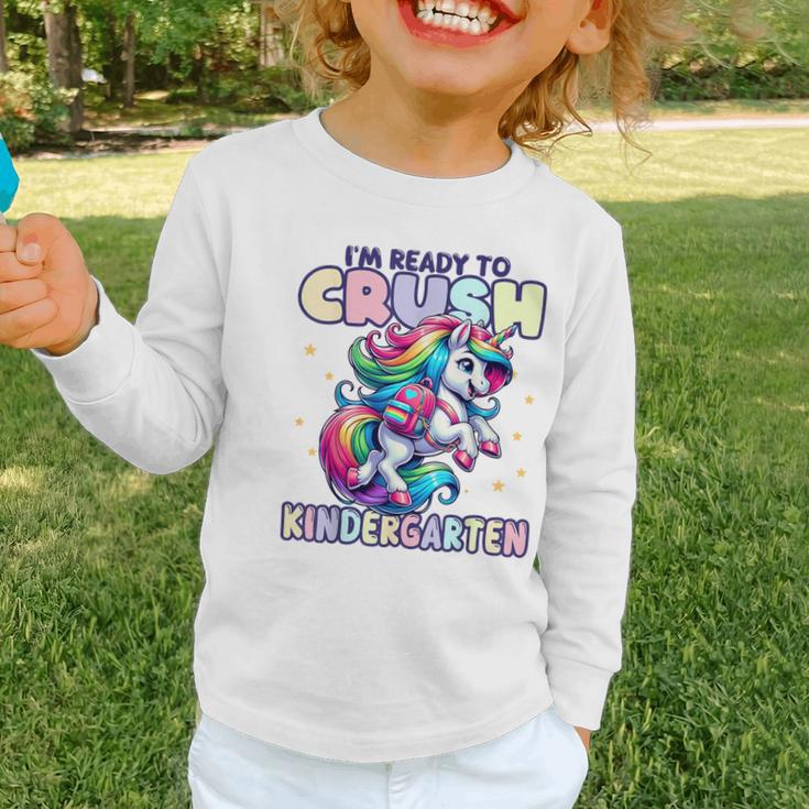 Crush Kindergarten Girls Back To School Unicorn First Day Graphic Toddler Long Sleeve Tee