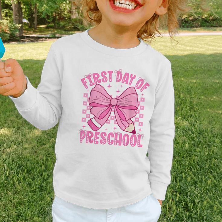 First Day Of Preschool Coquette Bow Back To School Girls Graphic Toddler Long Sleeve Tee
