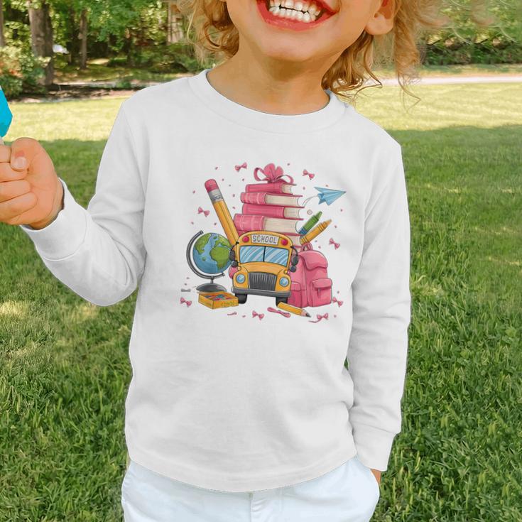 Girls Cute Pink Bows Coquette Aesthetic Back To School Graphic Toddler Long Sleeve Tee