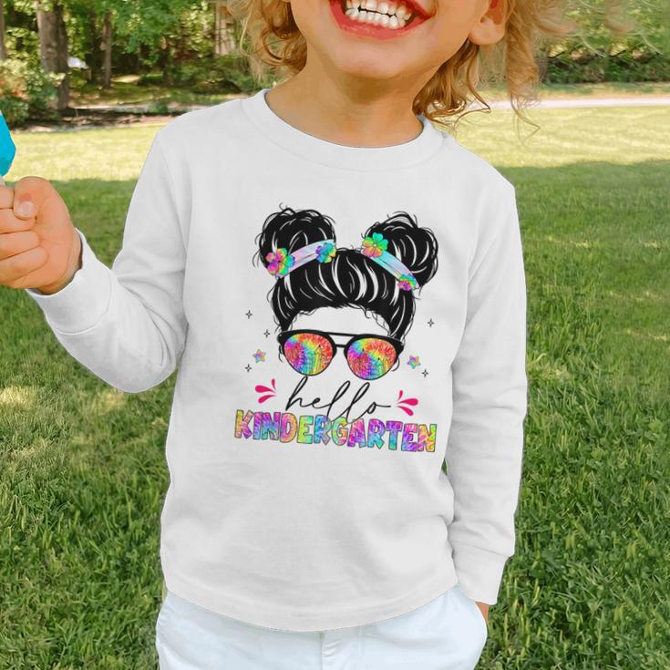 Hello Kindergarten Shirt Messy Bun Tie Dye Back To School Graphic Toddler Long Sleeve Tee Hello Kindergarten Shirt Messy Bun Tie Dye Back To School Graphic Toddler Long Sleeve Tee