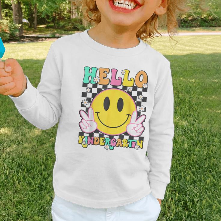 Hello Kindergarten Smile Face Back To School Girl Kid Graphic Toddler Long Sleeve Tee Hello Kindergarten Smile Face Back To School Girl Kid Graphic Toddler Long Sleeve Tee