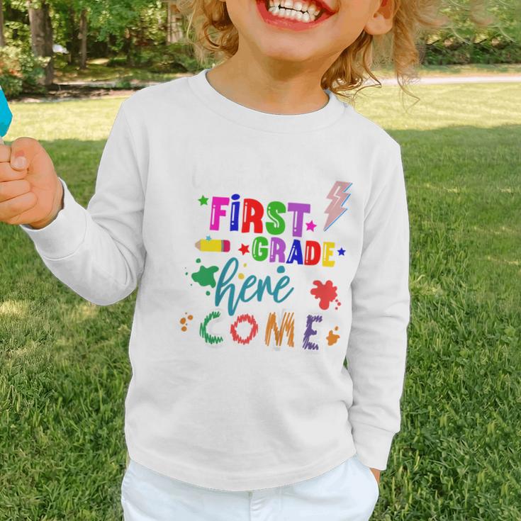 Kids Watch Out First Grade Here I Come 1st Grade Back To School Graphic Toddler Long Sleeve Tee Kids Watch Out First Grade Here I Come 1st Grade Back To School Graphic Toddler Long Sleeve Tee