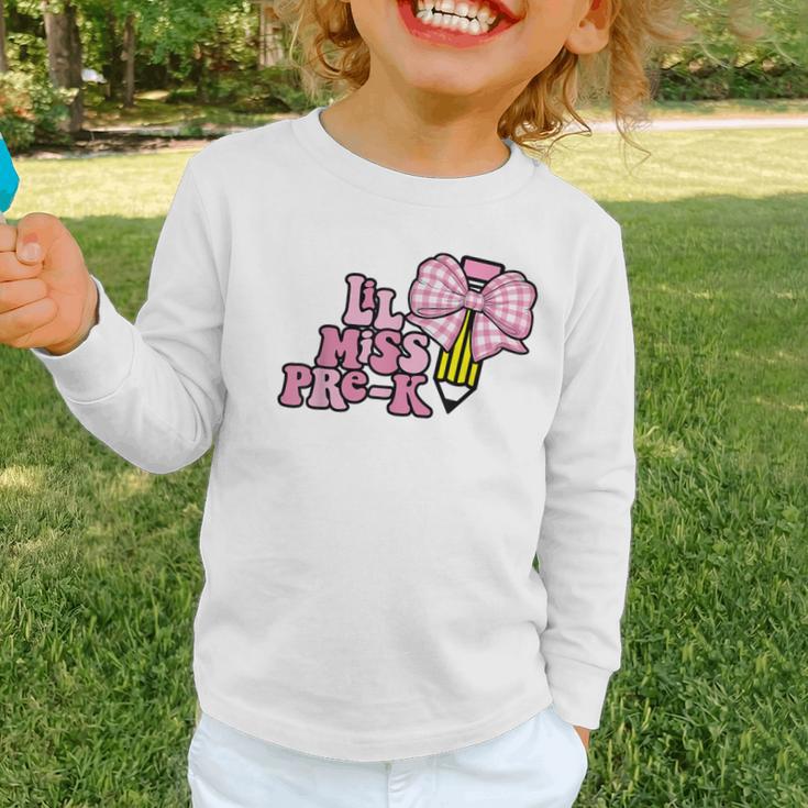LiL Miss Pre-K Back To School Girls Coquette Bow First Day Graphic Toddler Long Sleeve Tee