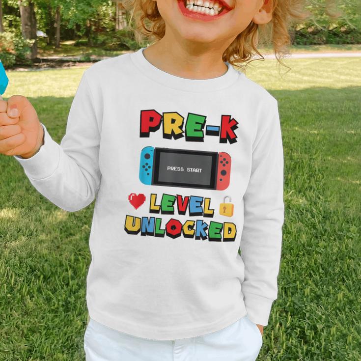 Pre-K Level Unlocked Back To School Video Game Graphic Toddler Long Sleeve Tee Pre-K Level Unlocked Back To School Video Game Graphic Toddler Long Sleeve Tee