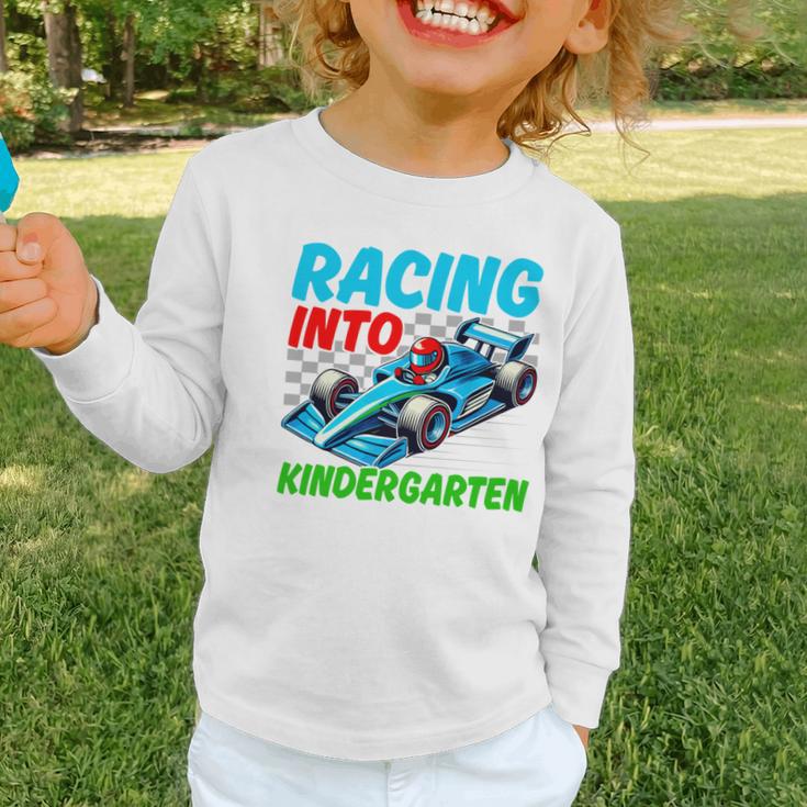 Racing Into Kindergarten Race Car Driver Back To School Performance Graphic Toddler Long Sleeve Tee Racing Into Kindergarten Race Car Driver Back To School Performance Graphic Toddler Long Sleeve Tee